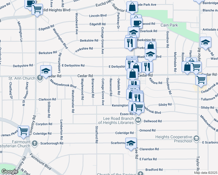 map of restaurants, bars, coffee shops, grocery stores, and more near 2175 Rexwood Road in Cleveland Heights