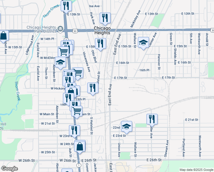 map of restaurants, bars, coffee shops, grocery stores, and more near 1703 East End Avenue in Chicago Heights