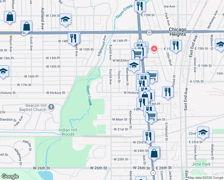 map of restaurants, bars, coffee shops, grocery stores, and more near 1655 Euclid Avenue in Chicago Heights