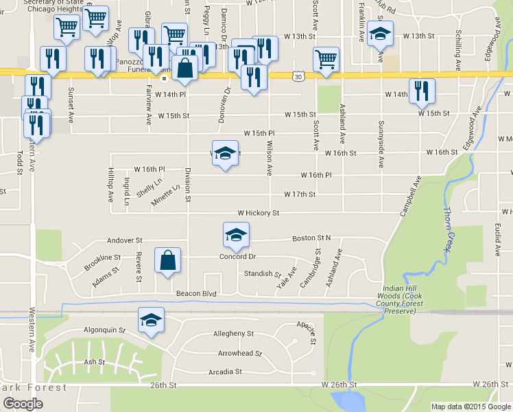 map of restaurants, bars, coffee shops, grocery stores, and more near 403 West 17th Street in Chicago Heights