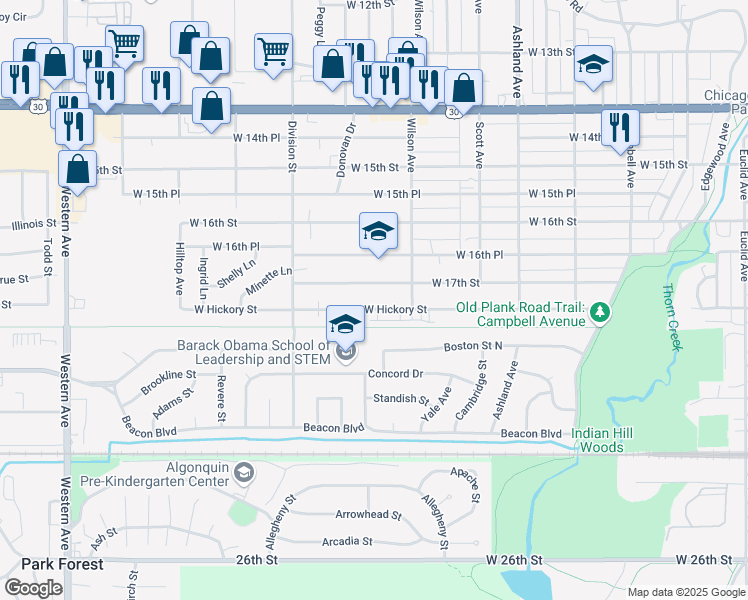 map of restaurants, bars, coffee shops, grocery stores, and more near 452 West 17th Street in Chicago Heights