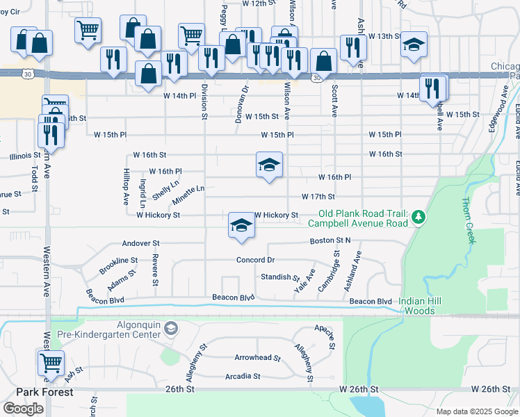 map of restaurants, bars, coffee shops, grocery stores, and more near 452 West 17th Street in Chicago Heights
