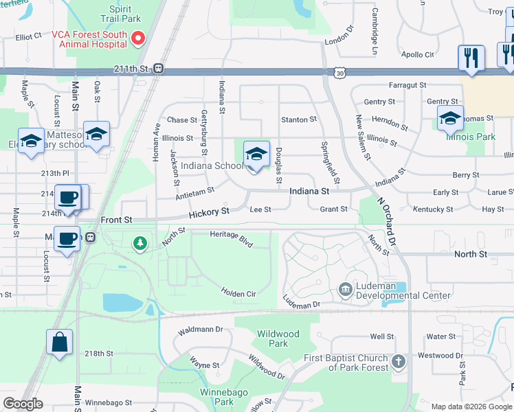 map of restaurants, bars, coffee shops, grocery stores, and more near 207 Indiana Street in Park Forest