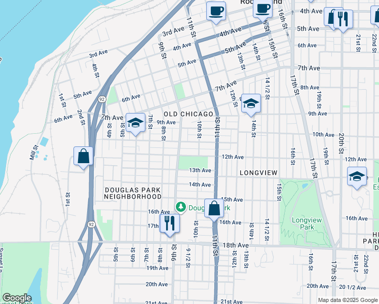 map of restaurants, bars, coffee shops, grocery stores, and more near 916 11th Avenue in Rock Island