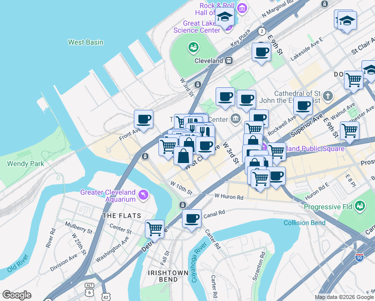 map of restaurants, bars, coffee shops, grocery stores, and more near 725 Johnson Court in Cleveland