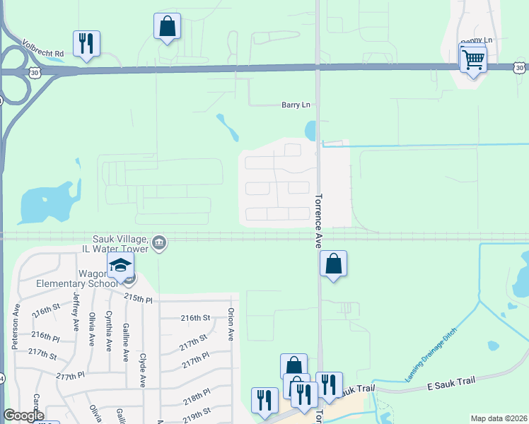 map of restaurants, bars, coffee shops, grocery stores, and more near 188 Carriage Lane in Chicago Heights