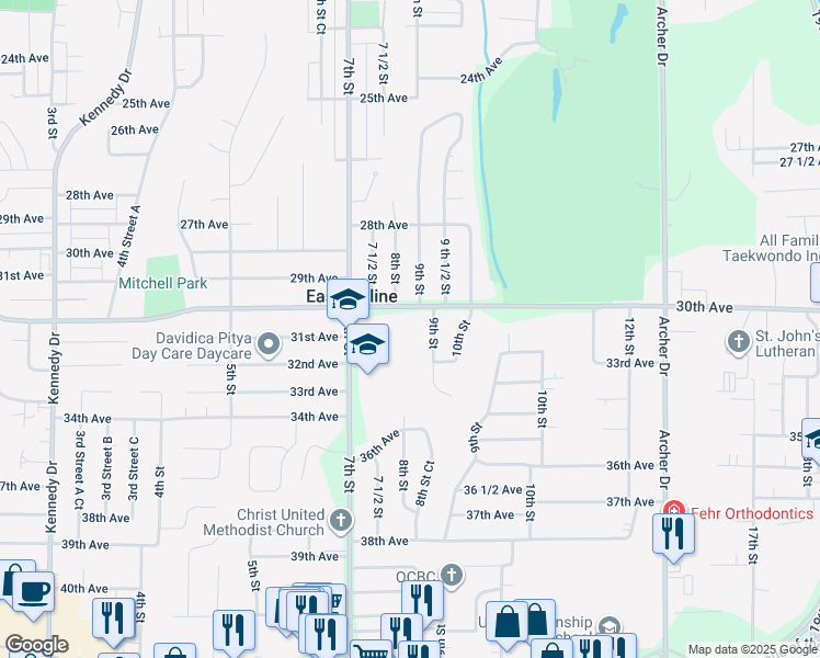 map of restaurants, bars, coffee shops, grocery stores, and more near 814 30th Avenue in East Moline