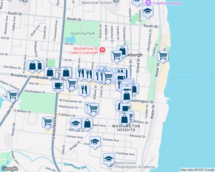 map of restaurants, bars, coffee shops, grocery stores, and more near 168 Broadway in Newburgh