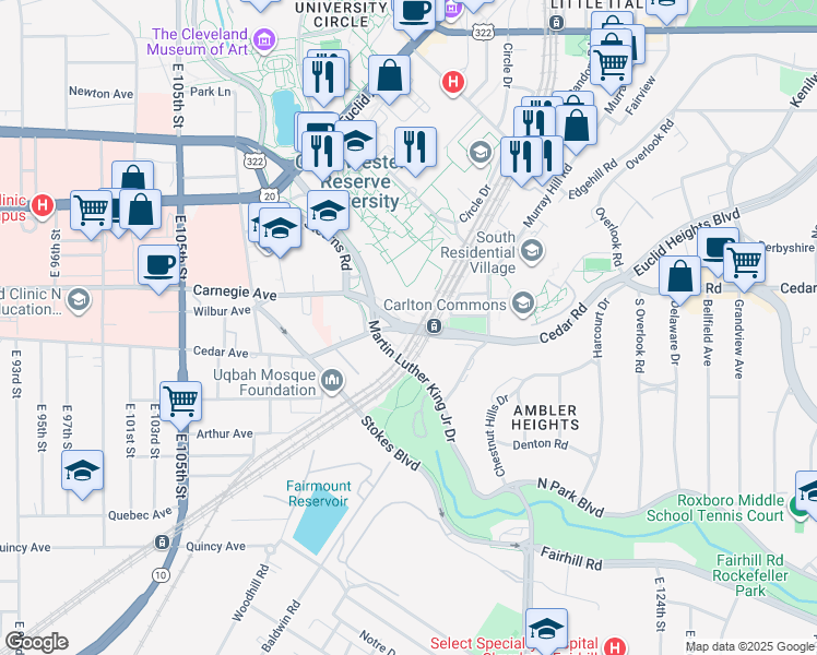 map of restaurants, bars, coffee shops, grocery stores, and more near 11100 Cedar Glen Parkway in Cleveland