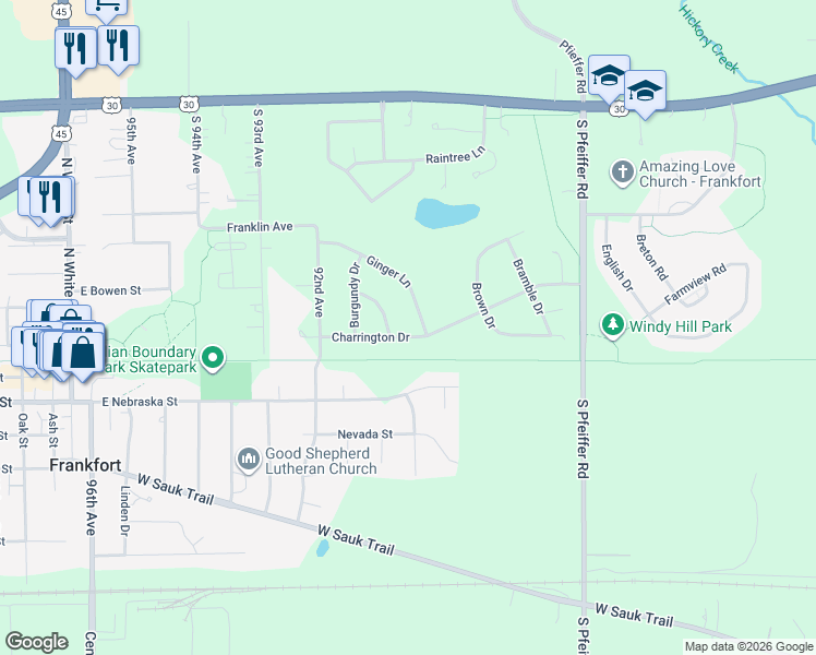 map of restaurants, bars, coffee shops, grocery stores, and more near 21427 Ginger Lane in Frankfort