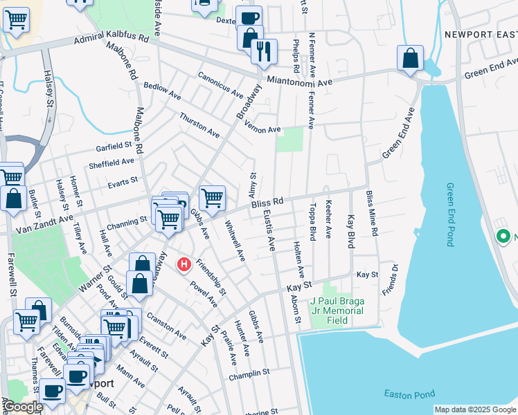 map of restaurants, bars, coffee shops, grocery stores, and more near 73 Bliss Road in Newport