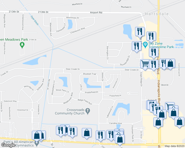 map of restaurants, bars, coffee shops, grocery stores, and more near 1251 Bluebell Trail in Schererville