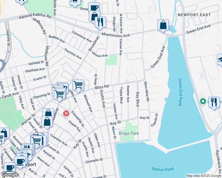 map of restaurants, bars, coffee shops, grocery stores, and more near 104 Bliss Road in Newport
