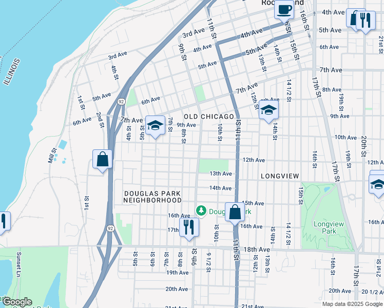 map of restaurants, bars, coffee shops, grocery stores, and more near 810 11th Avenue in Rock Island