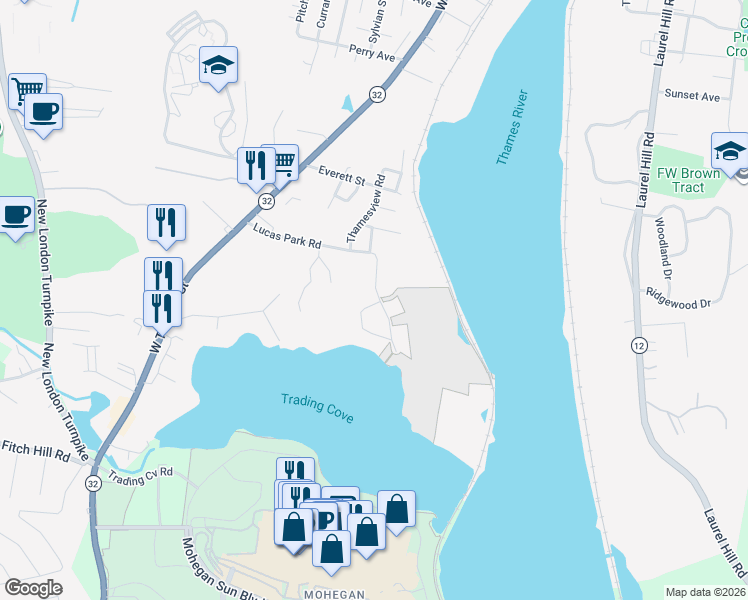 map of restaurants, bars, coffee shops, grocery stores, and more near 75 Lucas Park Road in Norwich
