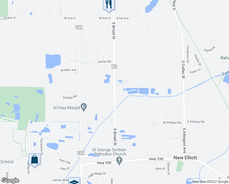 map of restaurants, bars, coffee shops, grocery stores, and more near 1400 S Broad St in Griffith