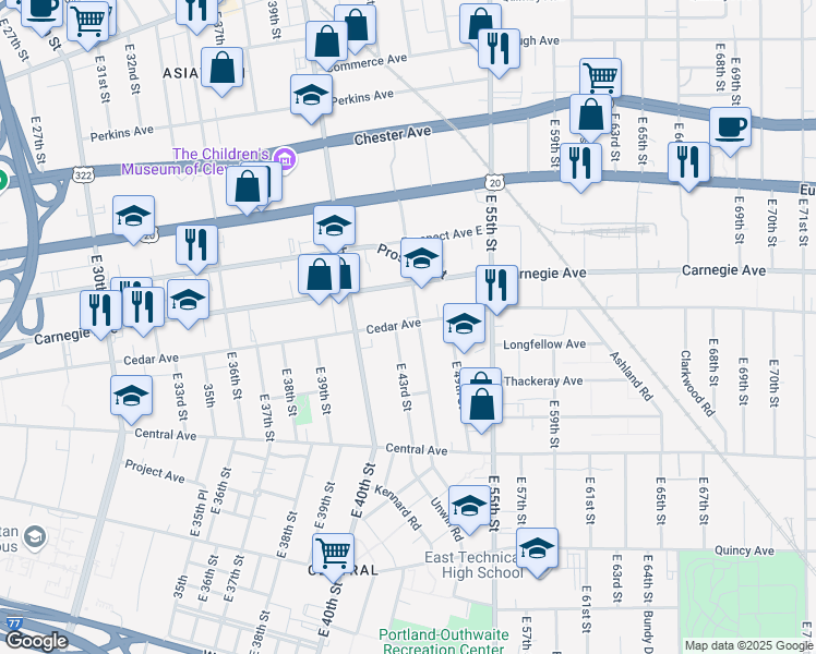 map of restaurants, bars, coffee shops, grocery stores, and more near 4450 Cedar Avenue in Cleveland