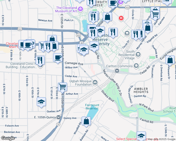map of restaurants, bars, coffee shops, grocery stores, and more near 2131 Stokes Boulevard in Cleveland