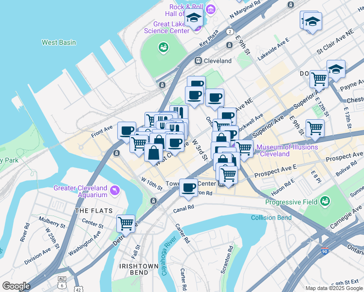 map of restaurants, bars, coffee shops, grocery stores, and more near 310 Saint Clair Avenue Northeast in Cleveland