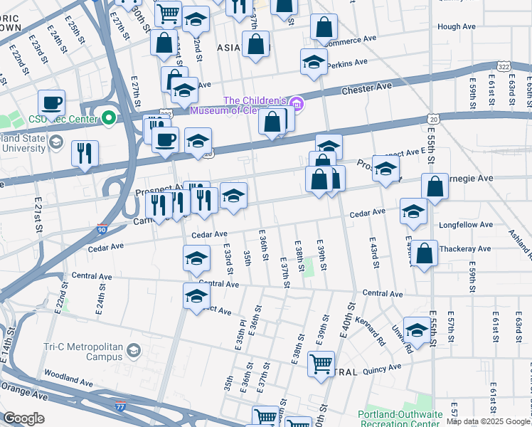 map of restaurants, bars, coffee shops, grocery stores, and more near 3606 Carnegie Avenue in Cleveland