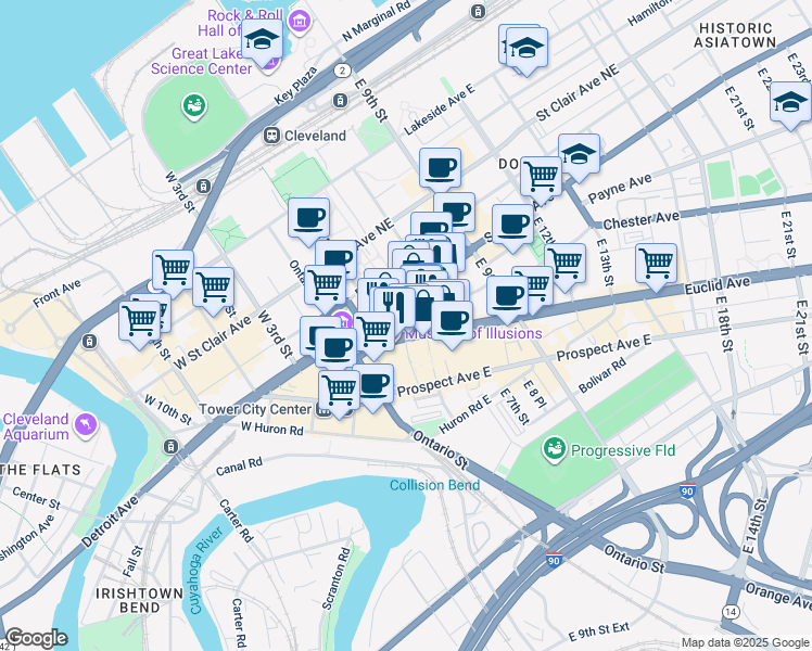 map of restaurants, bars, coffee shops, grocery stores, and more near 410 Superior Avenue in Cleveland