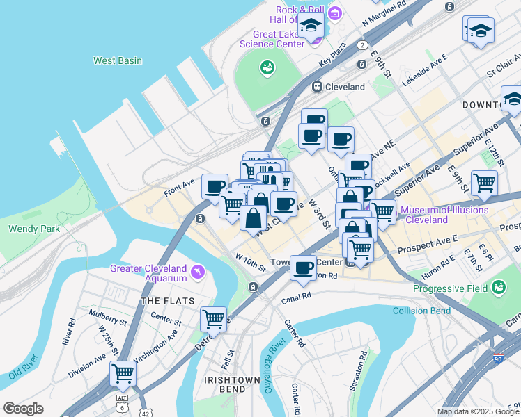 map of restaurants, bars, coffee shops, grocery stores, and more near 725 Johnson Court in Cleveland