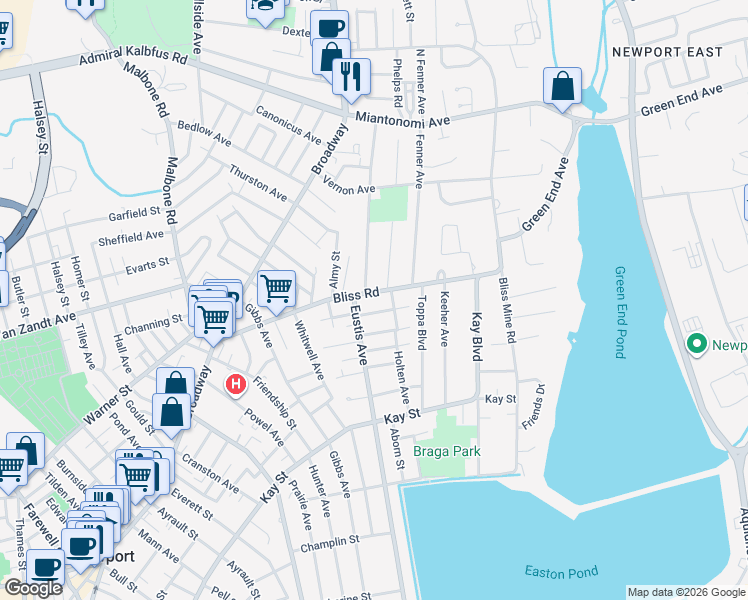 map of restaurants, bars, coffee shops, grocery stores, and more near 86 Bliss Road in Newport
