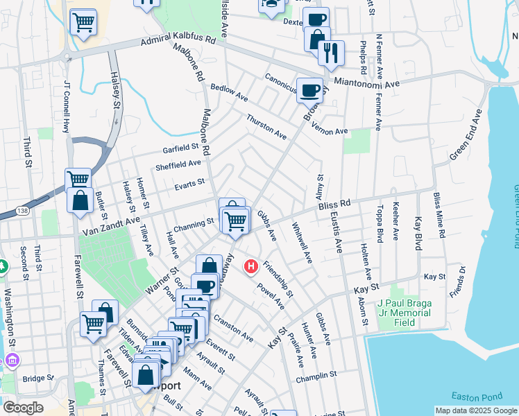map of restaurants, bars, coffee shops, grocery stores, and more near 355 Broadway in Newport