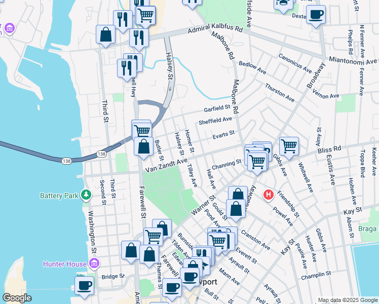 map of restaurants, bars, coffee shops, grocery stores, and more near 16 Homer Street in Newport