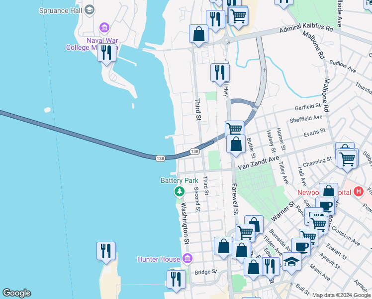 map of restaurants, bars, coffee shops, grocery stores, and more near 125 Second Street in Newport