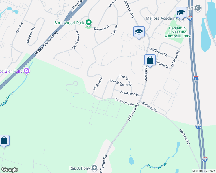 map of restaurants, bars, coffee shops, grocery stores, and more near 82 Rockledge Drive in Meriden