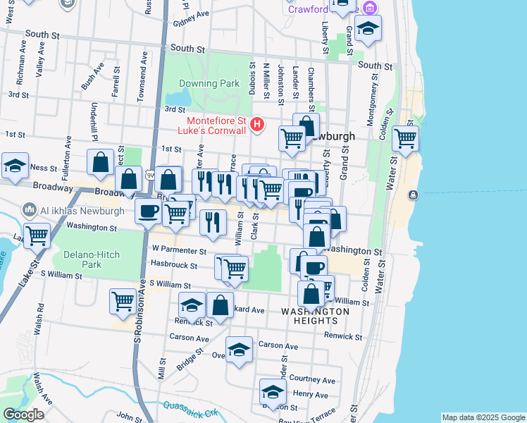 map of restaurants, bars, coffee shops, grocery stores, and more near 168 Broadway in Newburgh