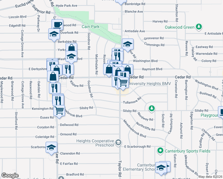 map of restaurants, bars, coffee shops, grocery stores, and more near 3393 Kildare Road in Cleveland Heights