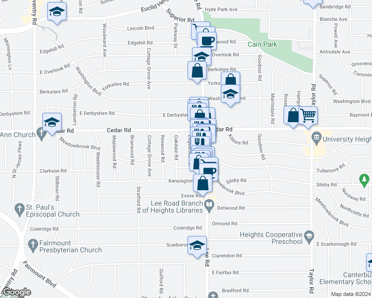 map of restaurants, bars, coffee shops, grocery stores, and more near 2172 Edgewood Road in Cleveland Heights