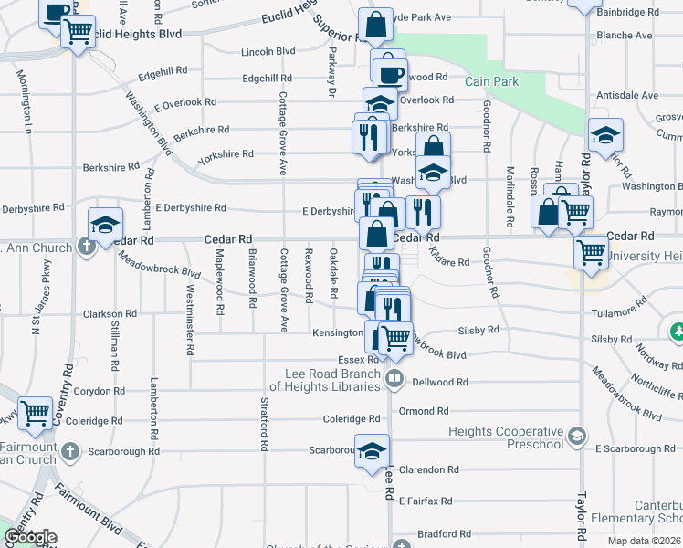 map of restaurants, bars, coffee shops, grocery stores, and more near 2172 Edgewood Road in Cleveland Heights