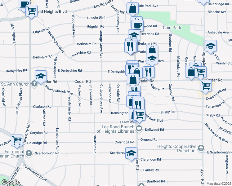 map of restaurants, bars, coffee shops, grocery stores, and more near 2175 Rexwood Road in Cleveland Heights