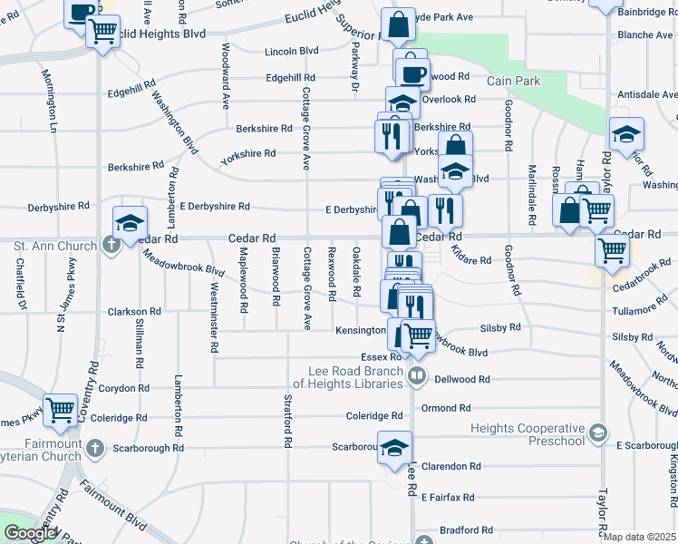 map of restaurants, bars, coffee shops, grocery stores, and more near 2175 Rexwood Road in Cleveland Heights