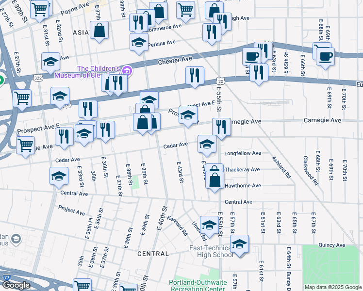 map of restaurants, bars, coffee shops, grocery stores, and more near 4303 Cedar Avenue in Cleveland
