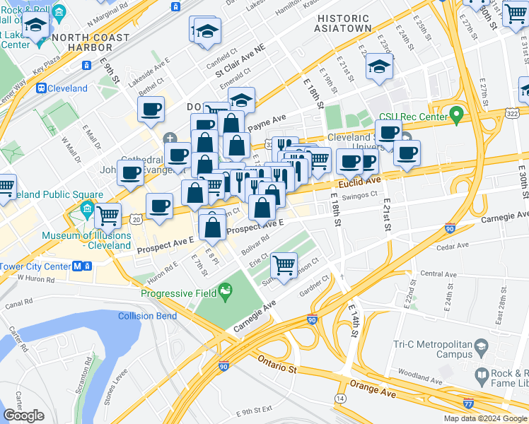 map of restaurants, bars, coffee shops, grocery stores, and more near 1302 Euclid Avenue in Cleveland