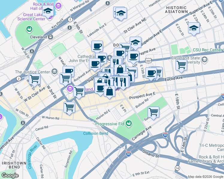 map of restaurants, bars, coffee shops, grocery stores, and more near in Cleveland
