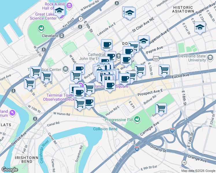 map of restaurants, bars, coffee shops, grocery stores, and more near 1900 East 6th Street in Cleveland