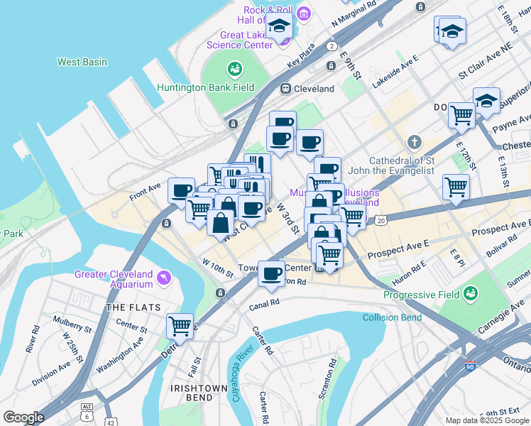 map of restaurants, bars, coffee shops, grocery stores, and more near 310 West Saint Clair Avenue in Cleveland