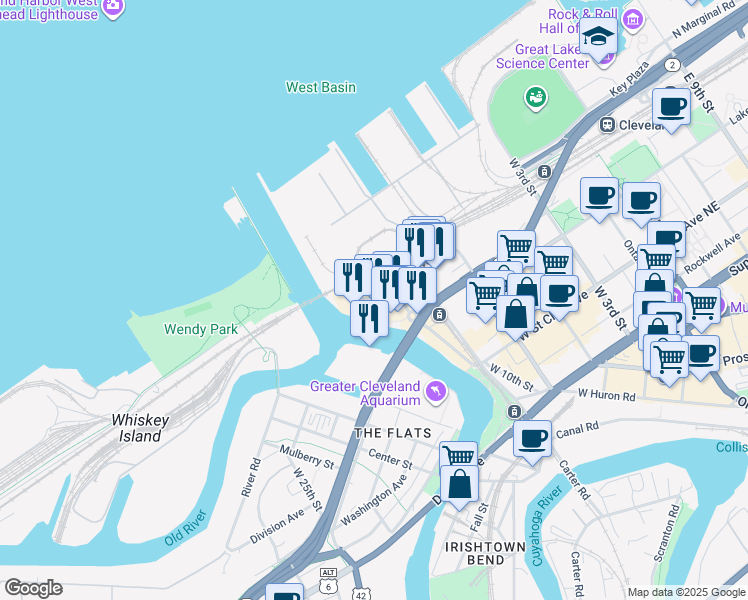 map of restaurants, bars, coffee shops, grocery stores, and more near 1150 Front Avenue in Cleveland