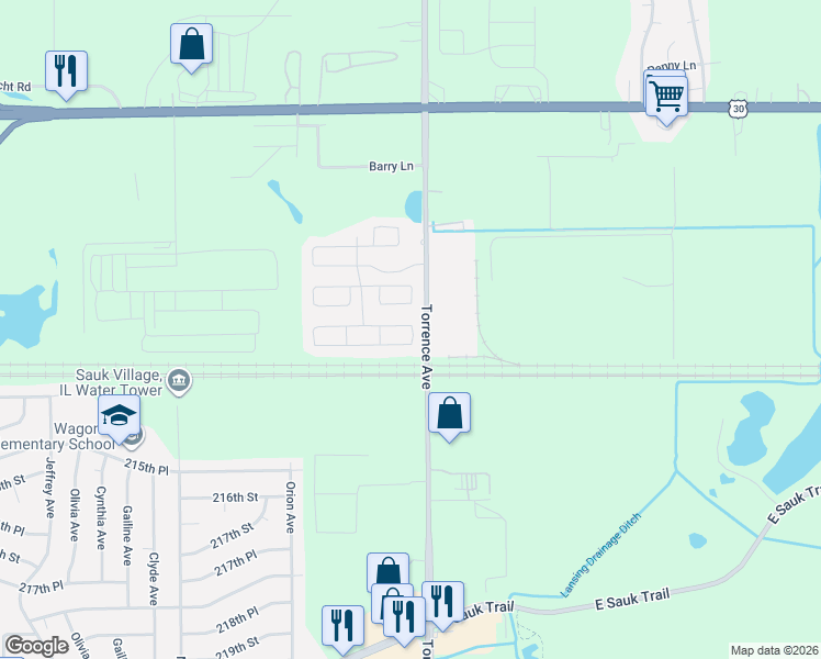 map of restaurants, bars, coffee shops, grocery stores, and more near 242 Park Lane in Sauk Village