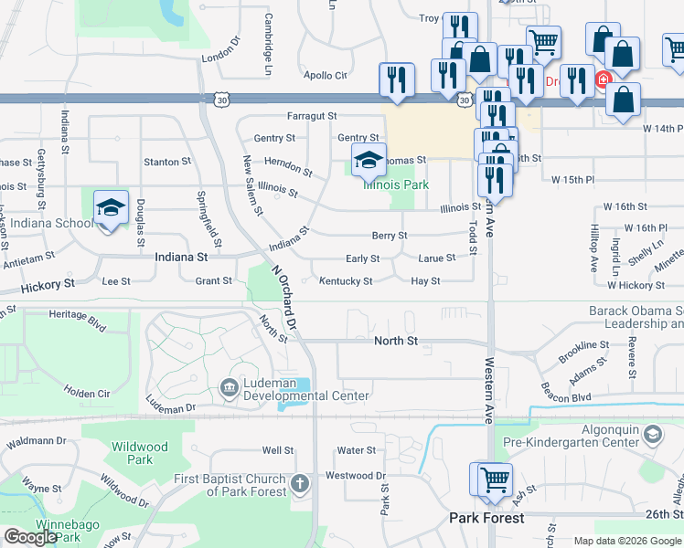 map of restaurants, bars, coffee shops, grocery stores, and more near 217 Early Street in Park Forest