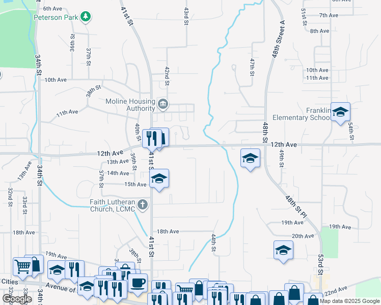 map of restaurants, bars, coffee shops, grocery stores, and more near 179 12th Avenue in Moline
