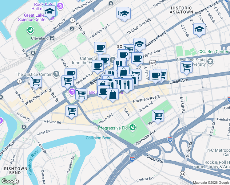 map of restaurants, bars, coffee shops, grocery stores, and more near in Cleveland