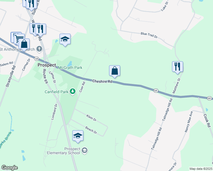 map of restaurants, bars, coffee shops, grocery stores, and more near 52 Cheshire Road in Prospect