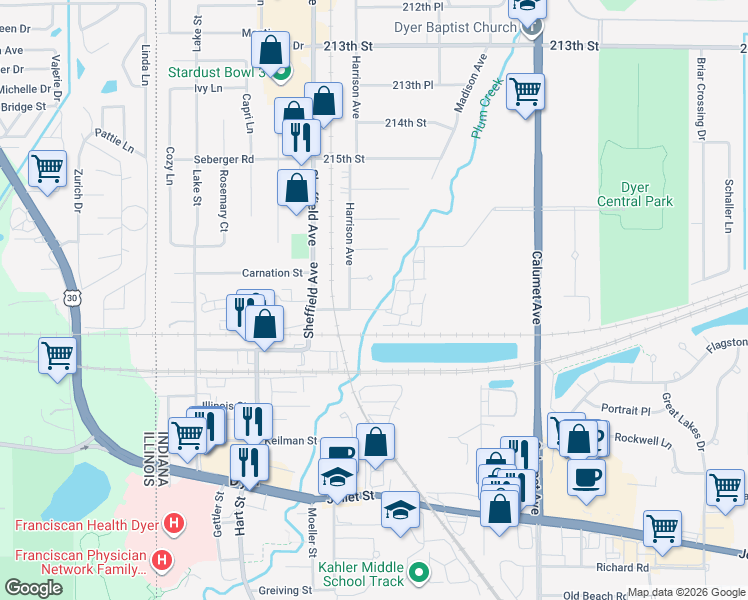 map of restaurants, bars, coffee shops, grocery stores, and more near 522 Devon Drive in Dyer