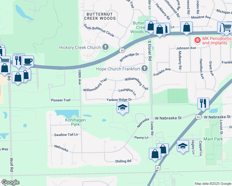 map of restaurants, bars, coffee shops, grocery stores, and more near 10611 Lexington Lane in Frankfort
